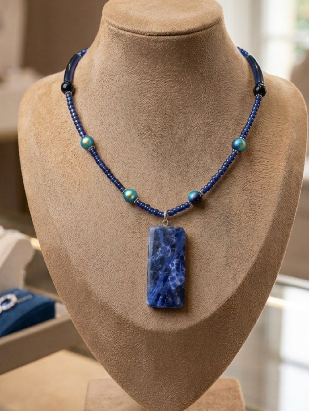 Blue Sodalite healing stone large rectangle pendant beaded necklace NWT